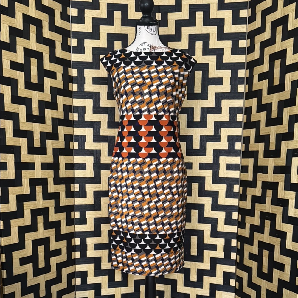 Geometric Print Dress - Orange, Blue, Black